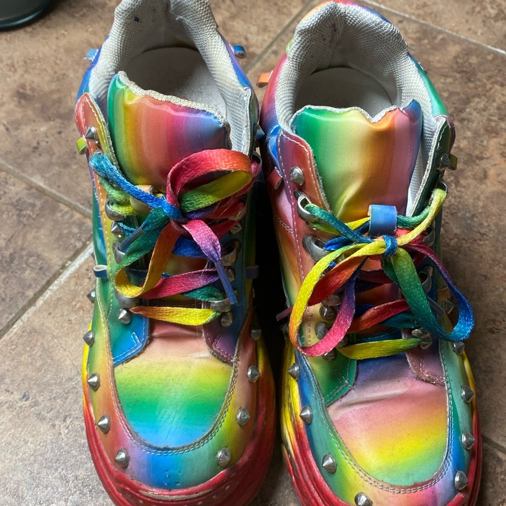 Worn WTF by Anthony Wang rainbow platform shoes.